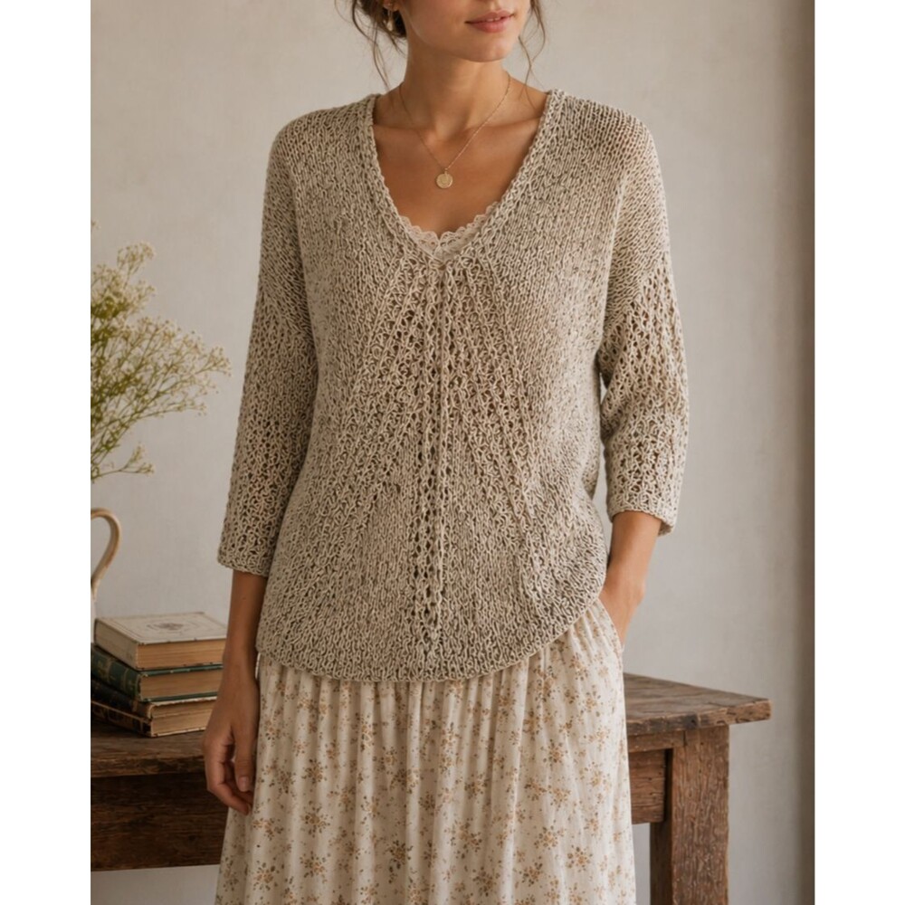 J Jill Sweater Womens Small Beige V Neck Sheer Knit Pullover Everyday Casual